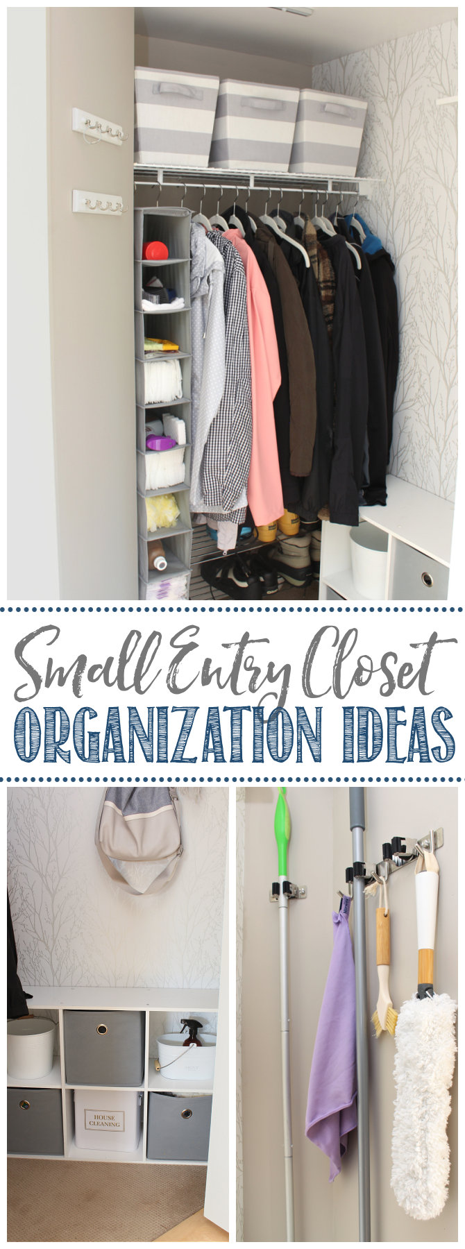 Organized and pretty front entry closet with peel and stick wall paper.