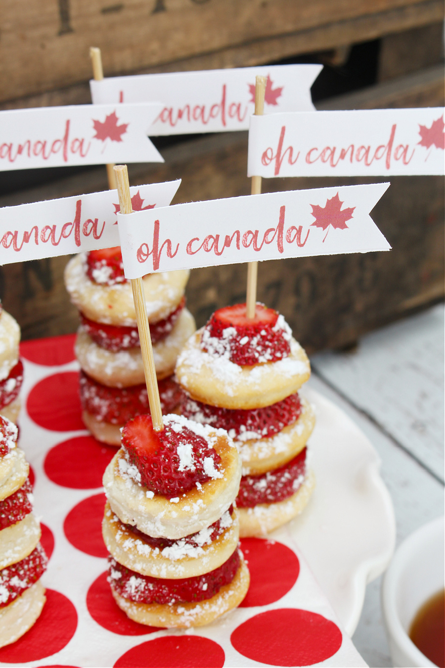 Strawberry shortcake kabobs with Oh Canada dessert toppers.