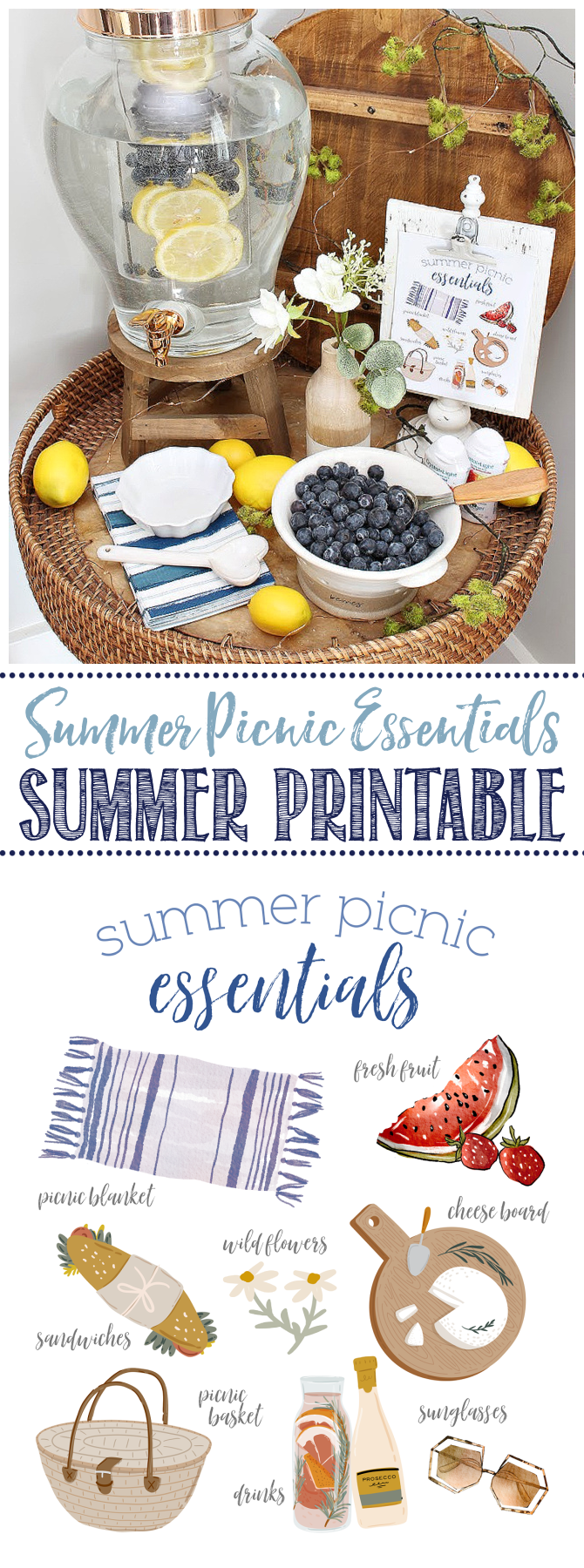 Summer Picnic Essentials free summer printable on a clipboard frame.