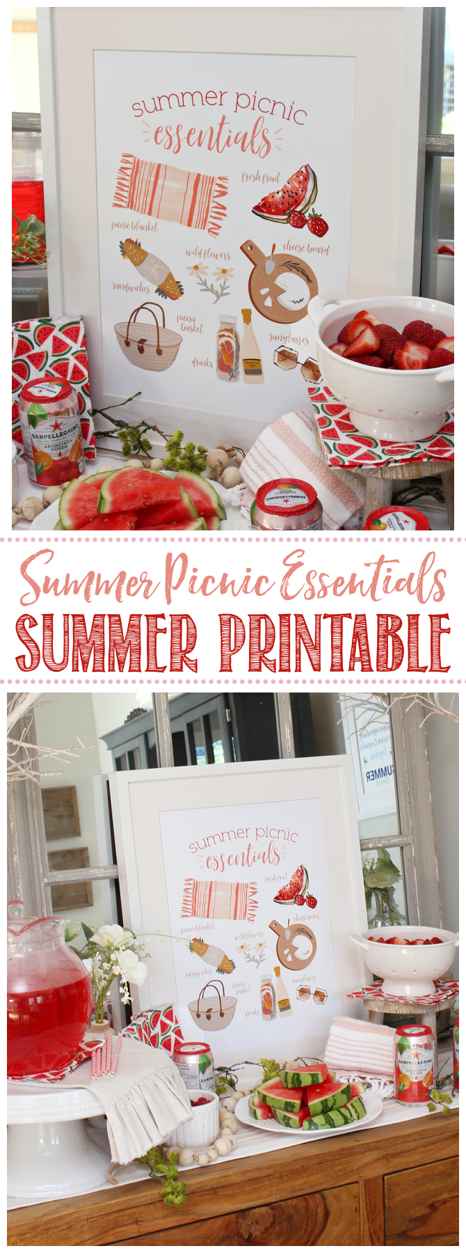Summer Picnic Essentials free printable displayed on a side board.