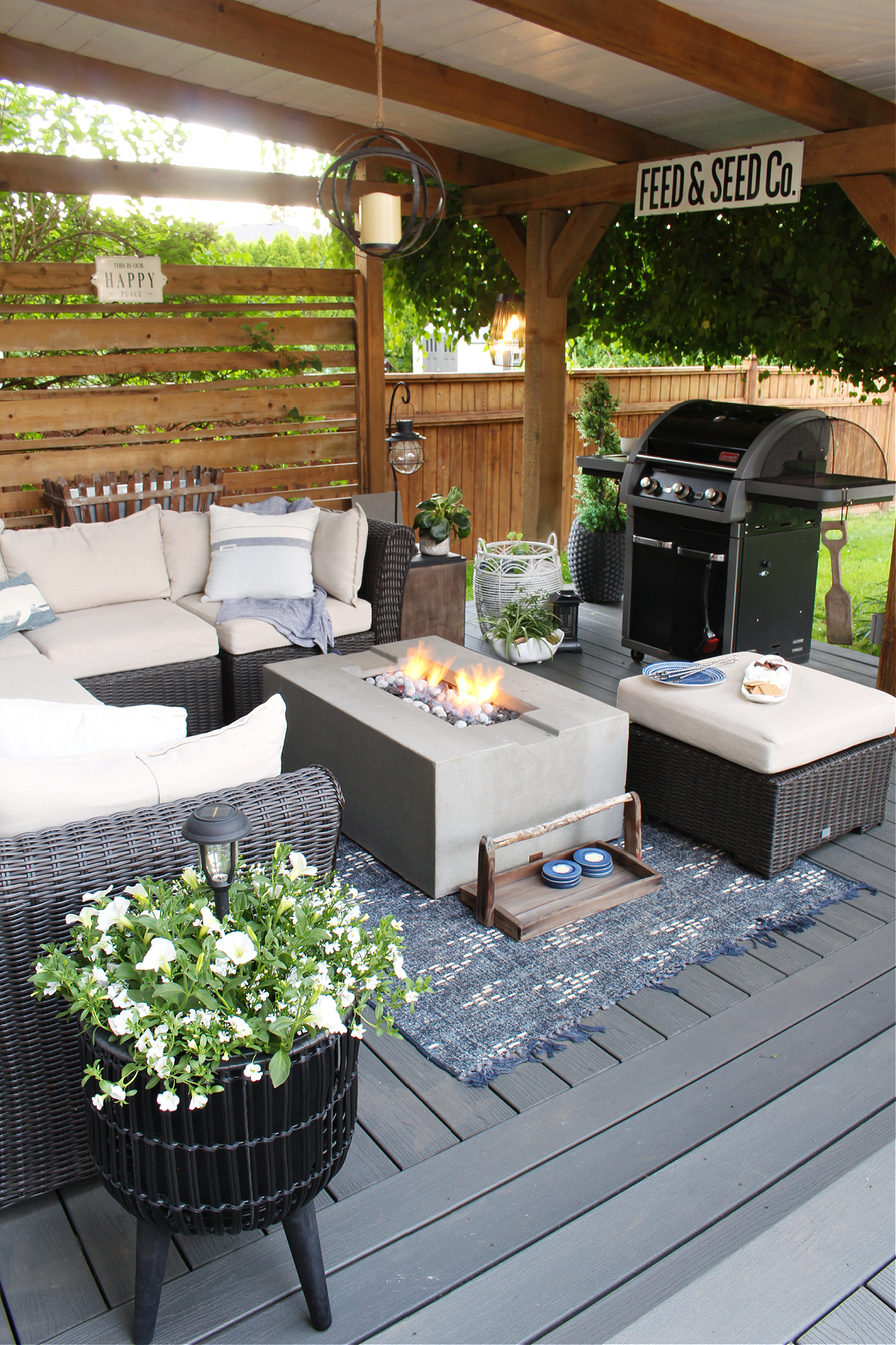 Covered backyard patio design with fire table.
