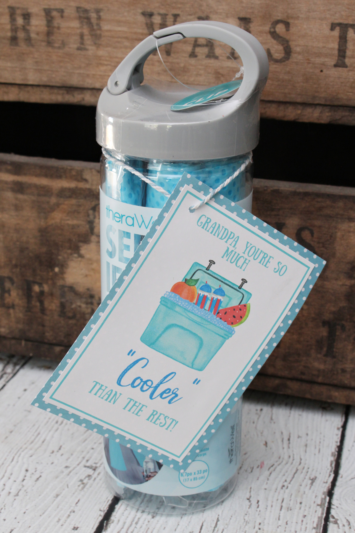 Cooling towel gift idea packaged up with free printable Father's Day card.