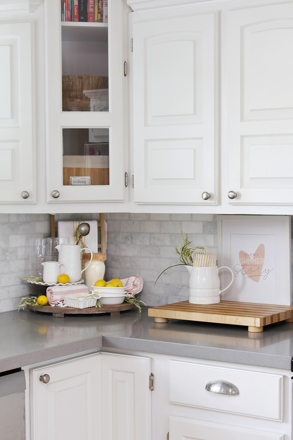 White kitchen decorated for summer with pastels for a fresh look.