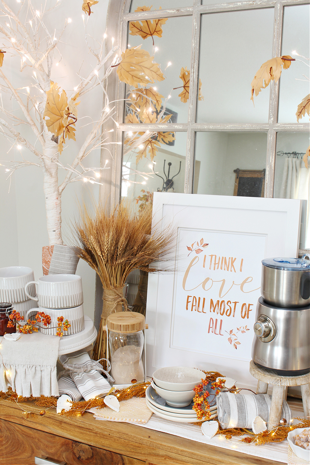 I Think I Love Fall Most of All free printable displayed on a coffee bar.