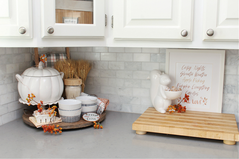 Cute fall decor on a kitchen counter.