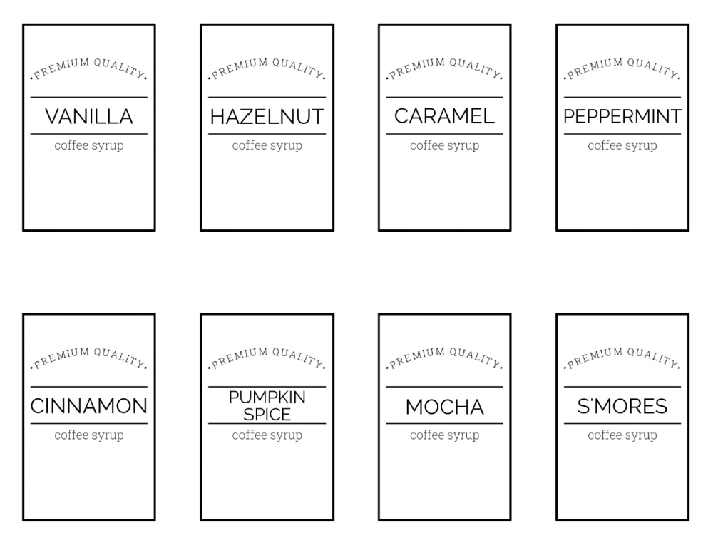 Free printable coffee syrup labels for a beverage or coffee bar.
