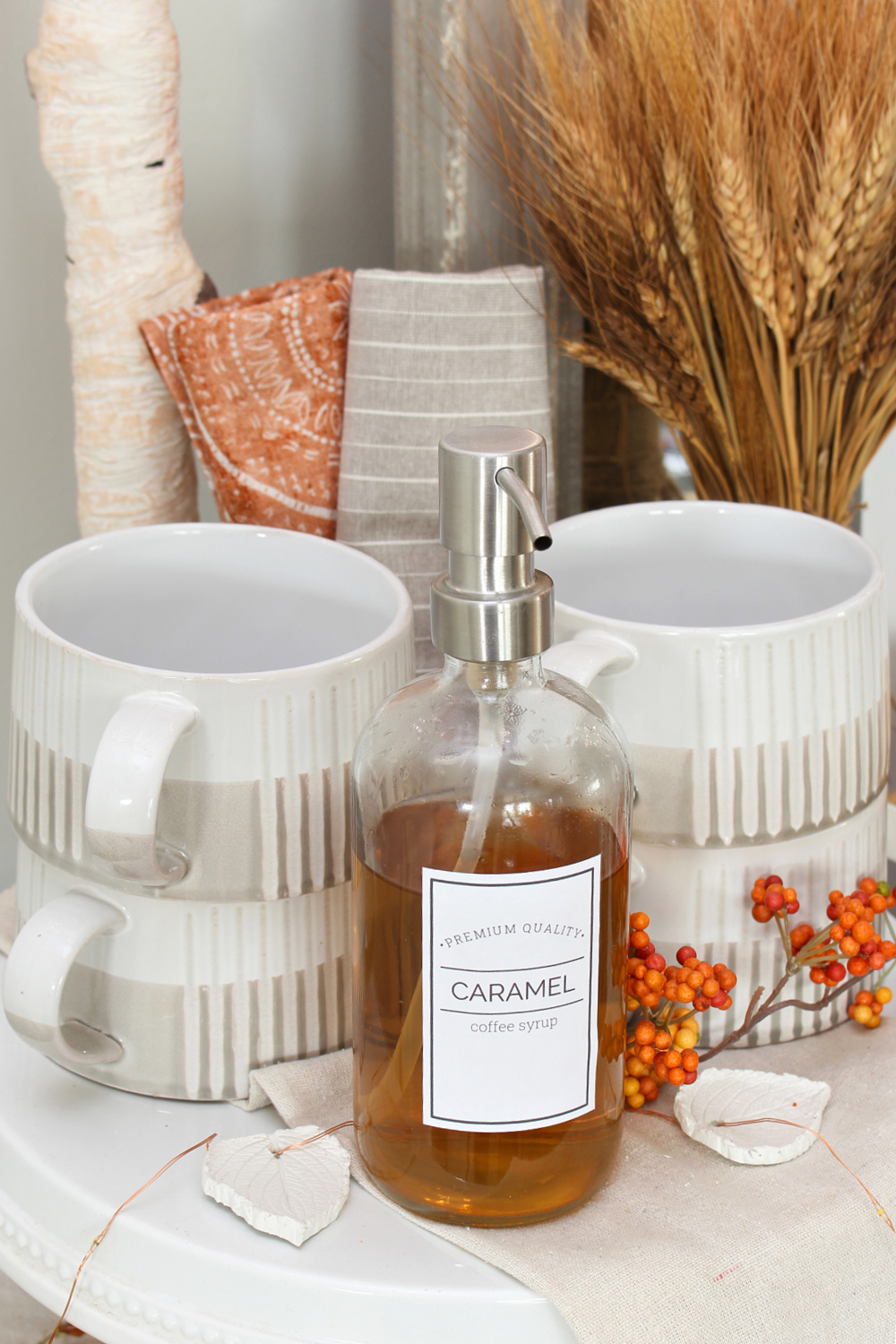 Fall hot beverage bar with free printable coffee syrup labels.