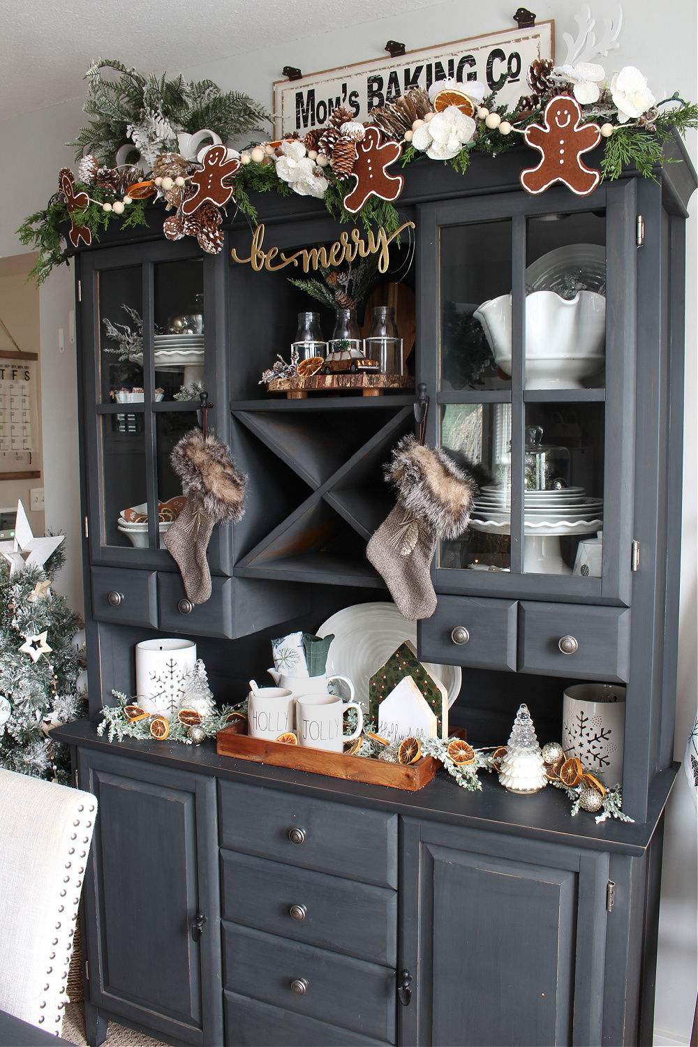 Painted black buffet and hutch decorated for Christmas 