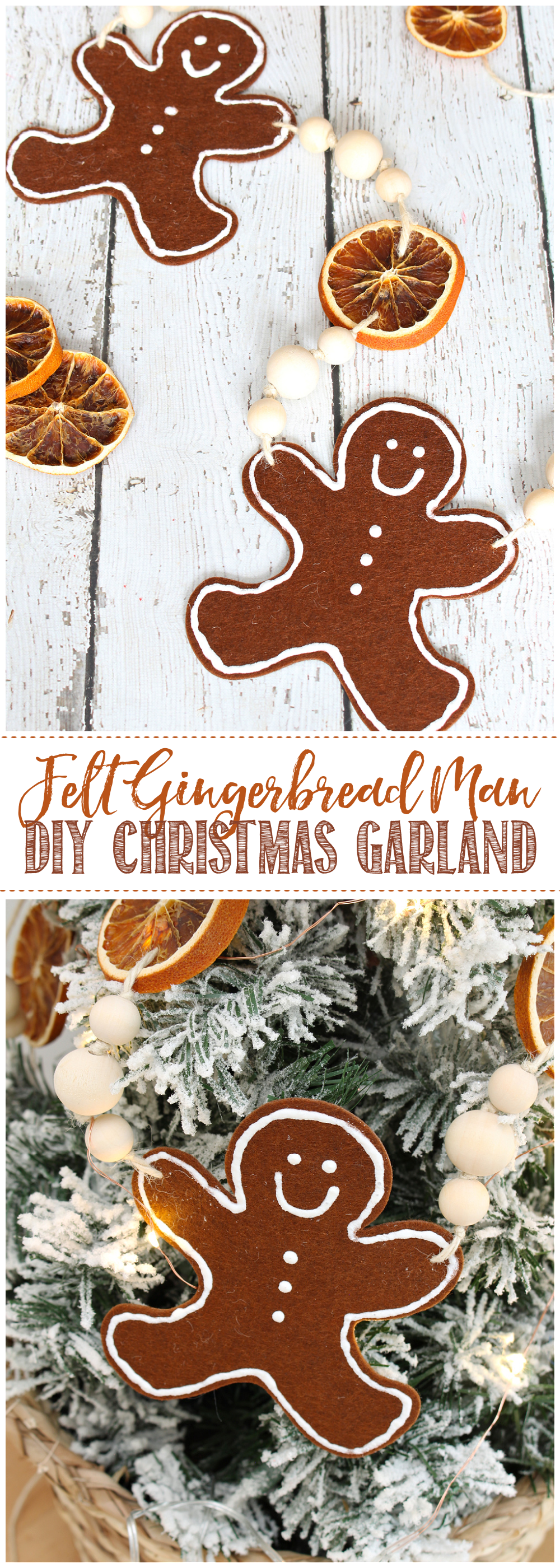 Cute DIY felt gingerbread man garland with dried oranges and wood beads.