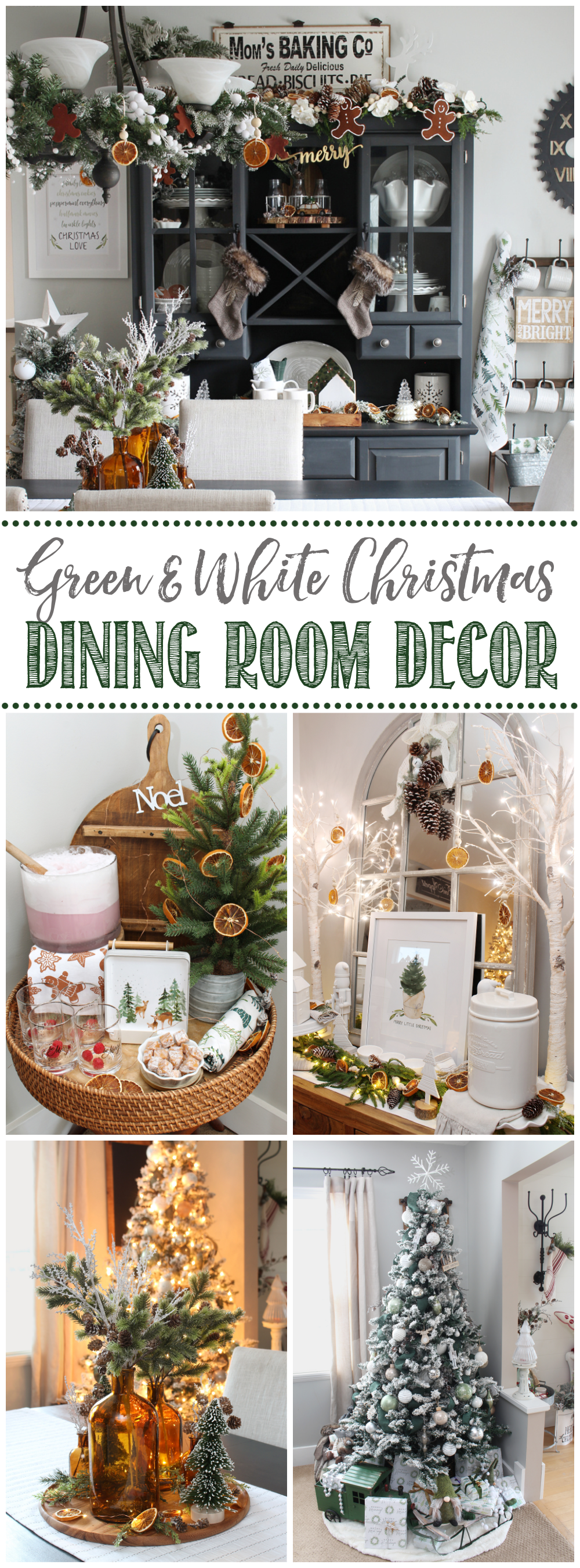 Collage of beautiful green and white Christmas dining room decor ideas.