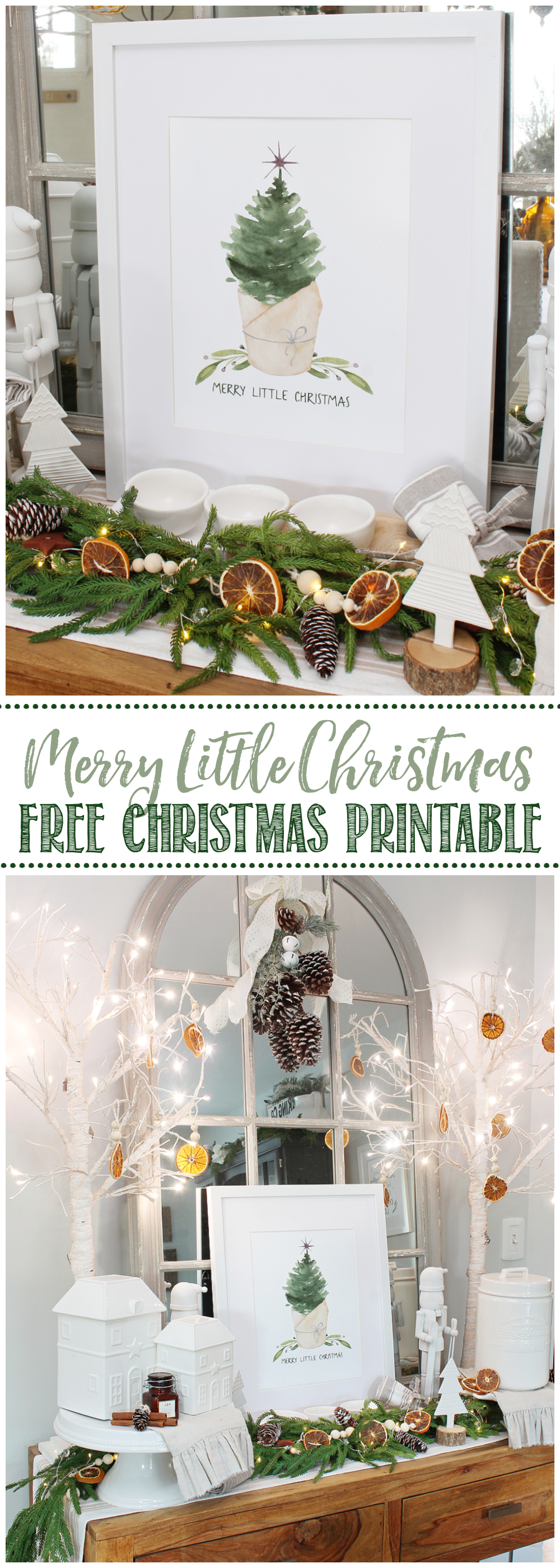 Merry Little Christmas free Christmas printable with watercolor tree.