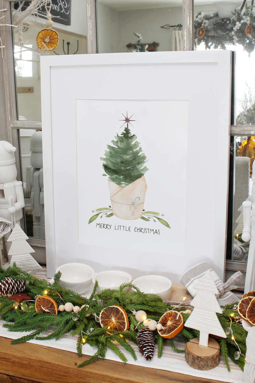 Merry Little Christmas free Christmas printable with watercolor tree.