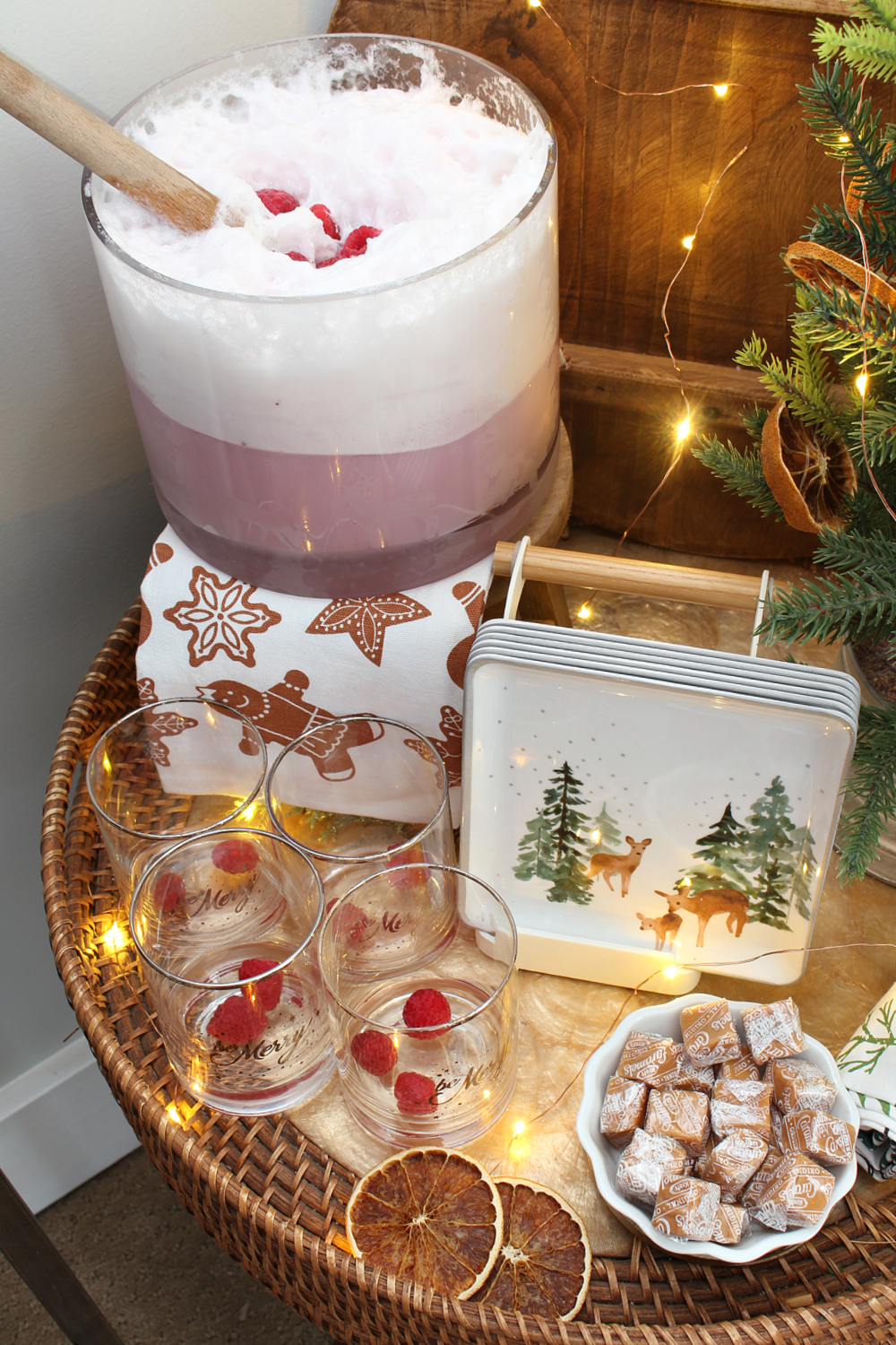 Christmas drink tray in a Christmas dining room.