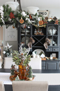 Painted black buffet and hutch decorated for Christmas