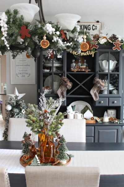 Painted black buffet and hutch decorated for Christmas