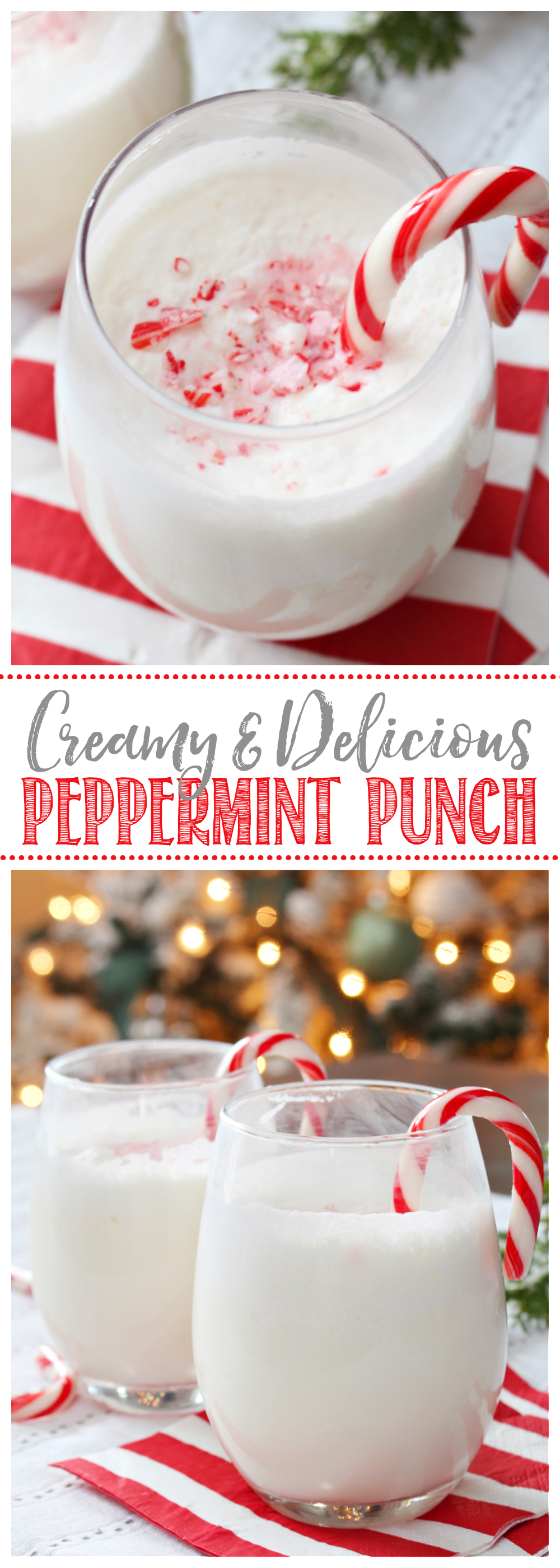 Creamy peppermint punch in a glass with candy canes.