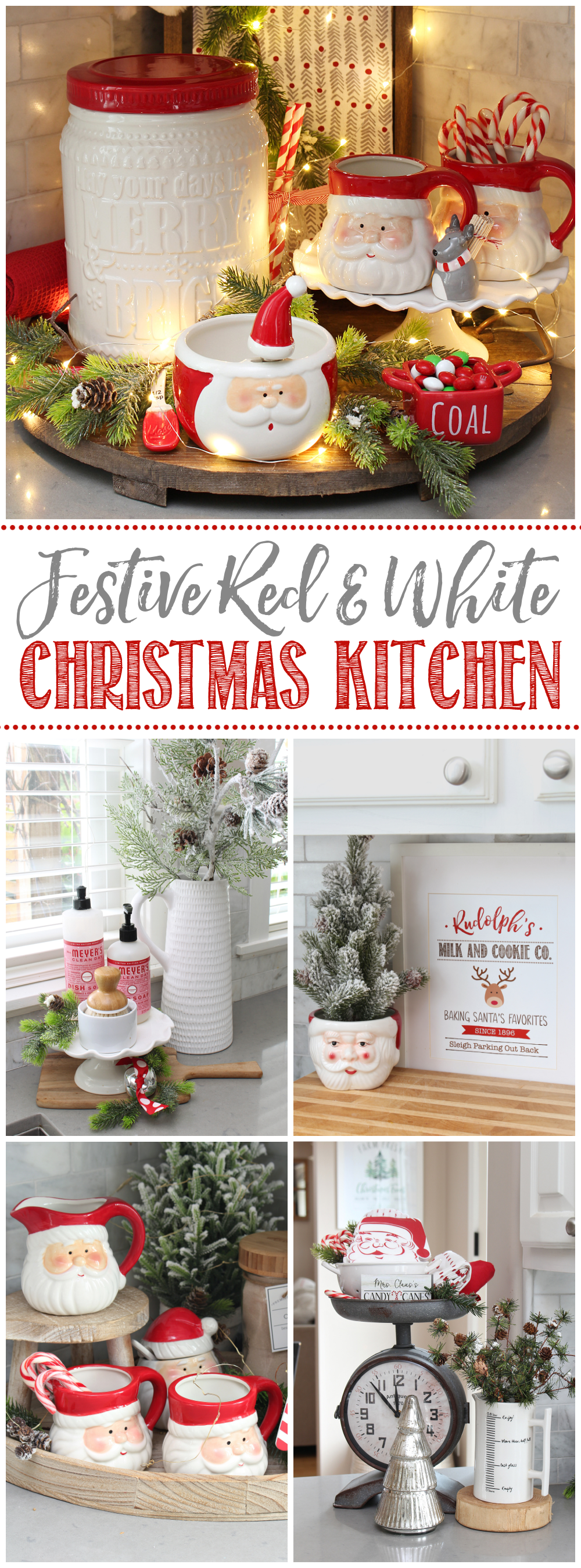 Collage of festive red and white Christmas decor ideas.