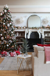 Red and white festive Christmas living room.