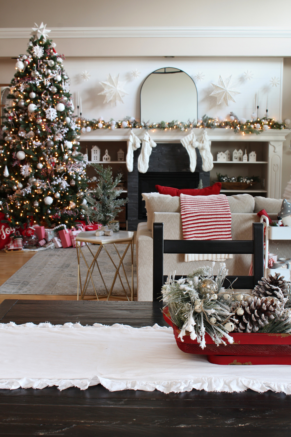 Red and white festive Christmas living room.