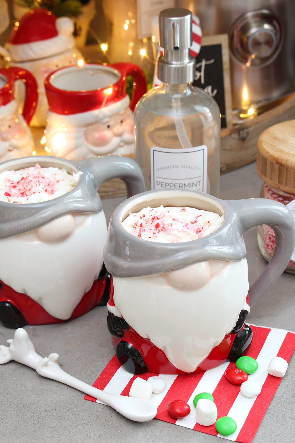 Hot chocolate bar with gnome mugs.