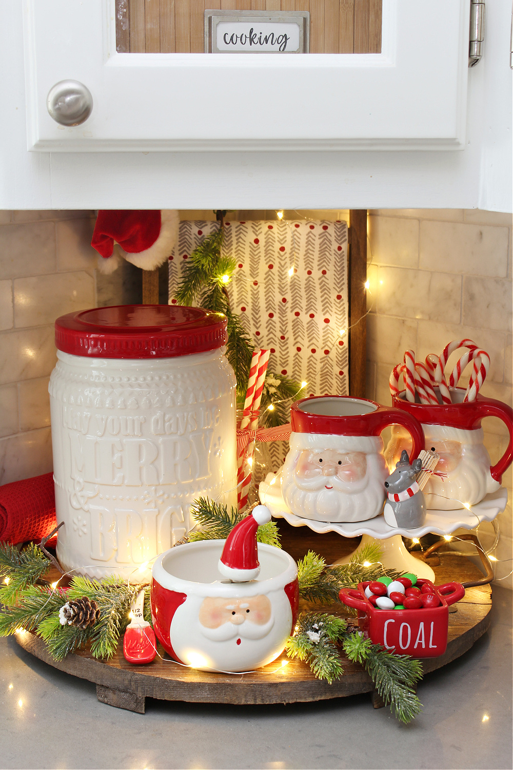 Christmas Santa mug display in a Christmas kitchen.