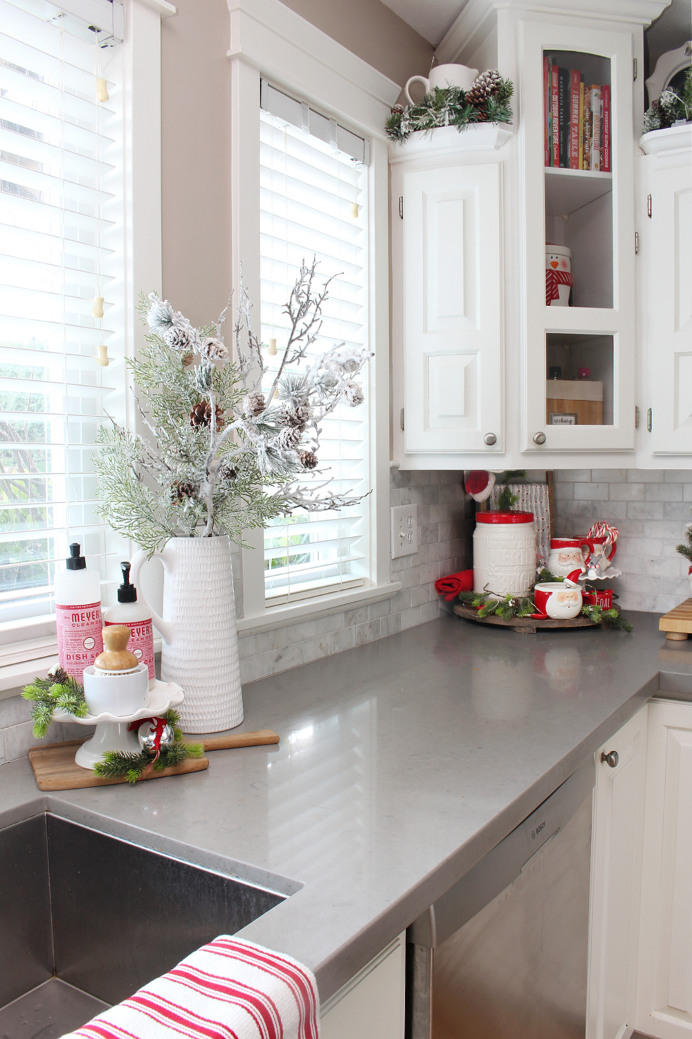 Christmas display in a red and white Christmas kitchen.