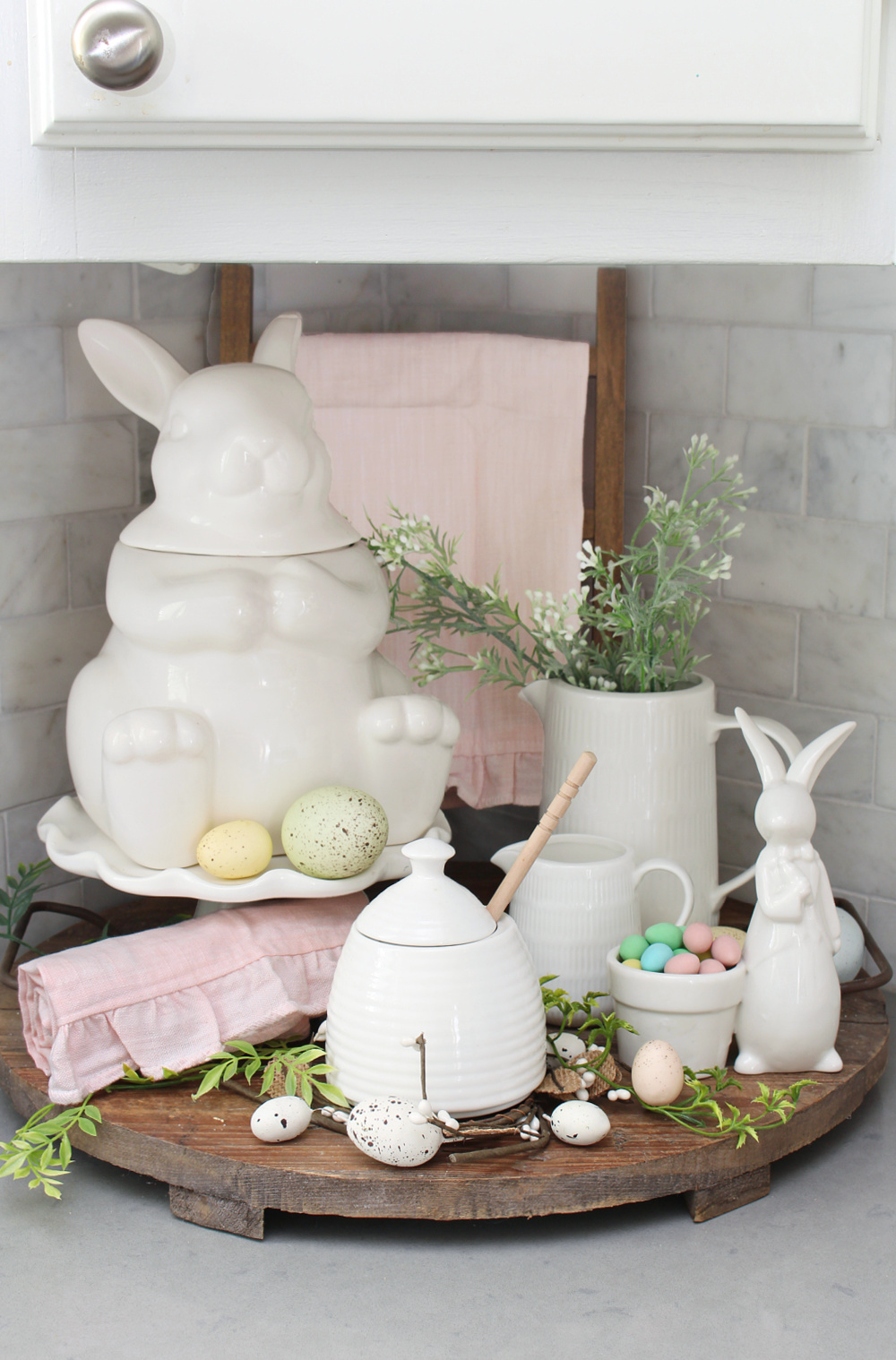 Cute bunny cookie jar vignette in a spring kitchen