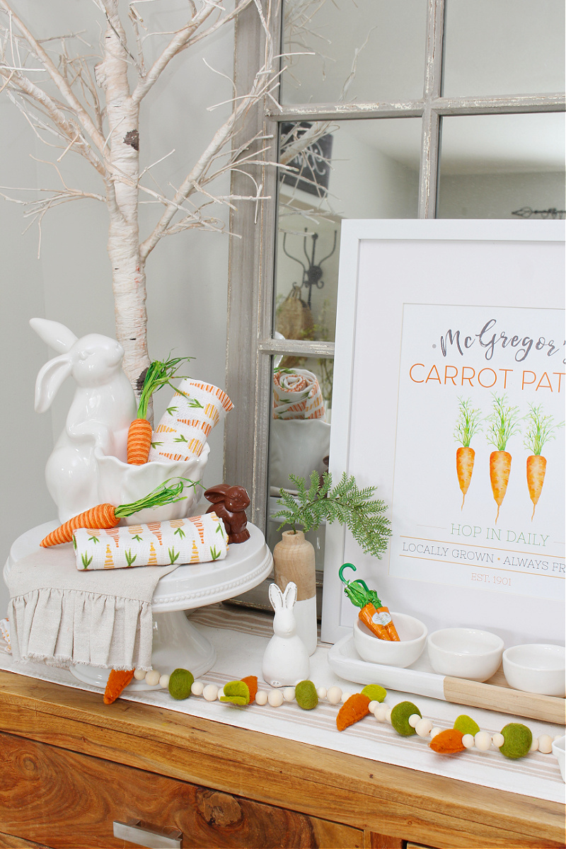 Cute Easter carrot vignette with DIY Easter garland.