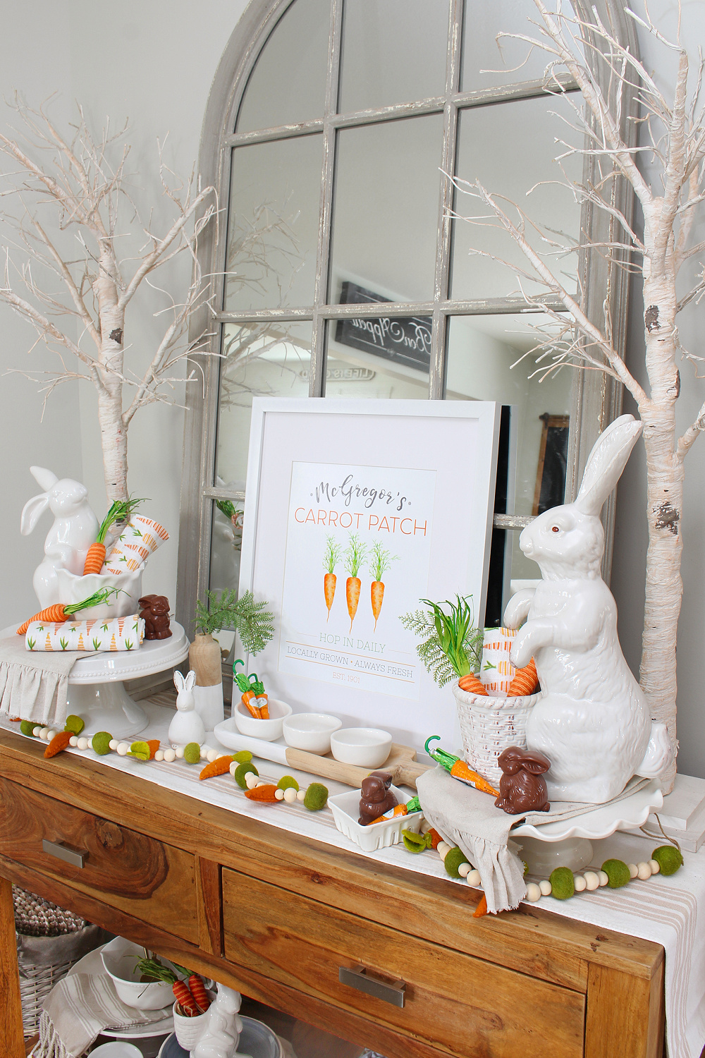 Cute Easter carrot vignette with DIY Easter garland.