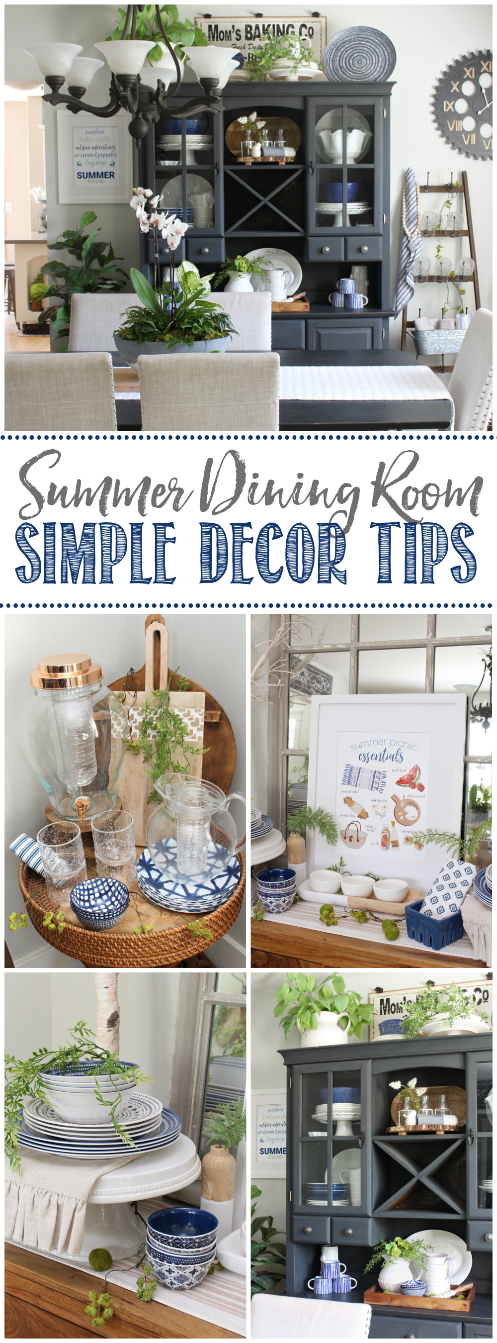 Collage of summer dining room decor ideas.