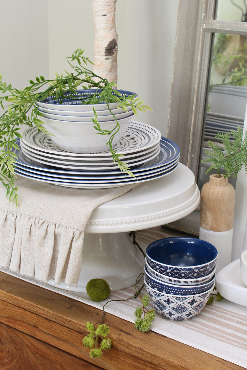 Summer dining room with melamine plates and bowls.