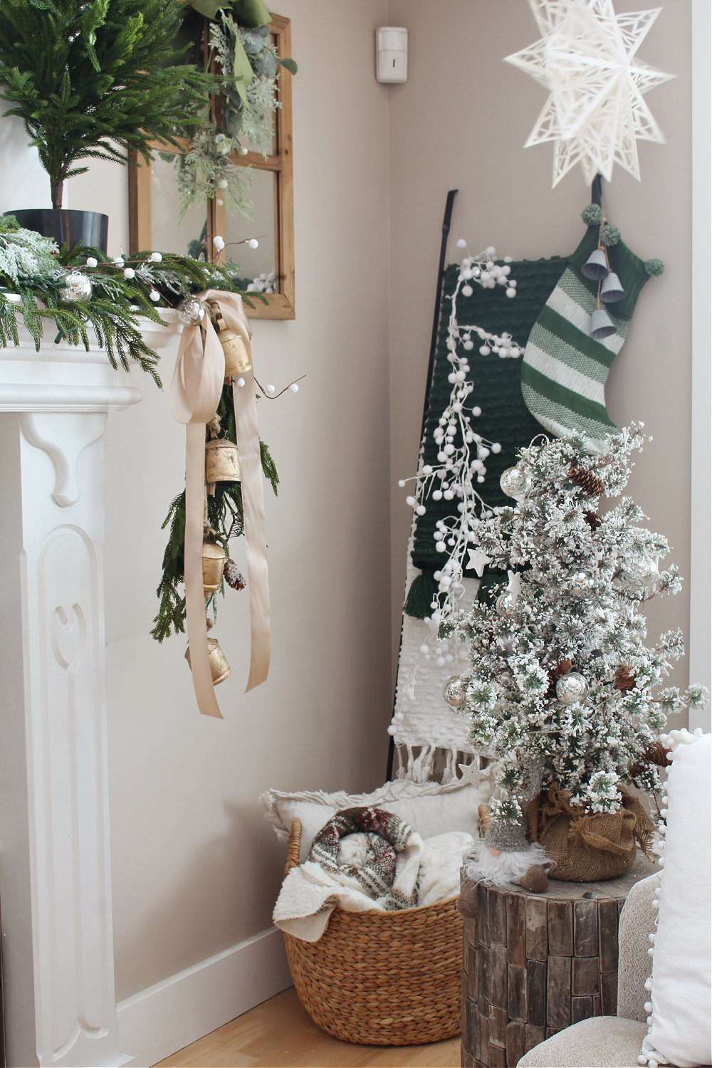 Blanket ladder in green and white Christmas living room.