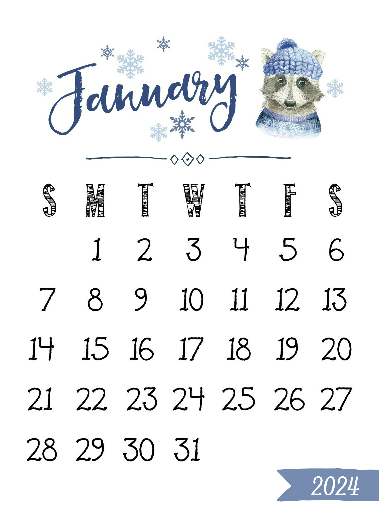 January watercolor desk calendar from a 2024 free printable calendar.
