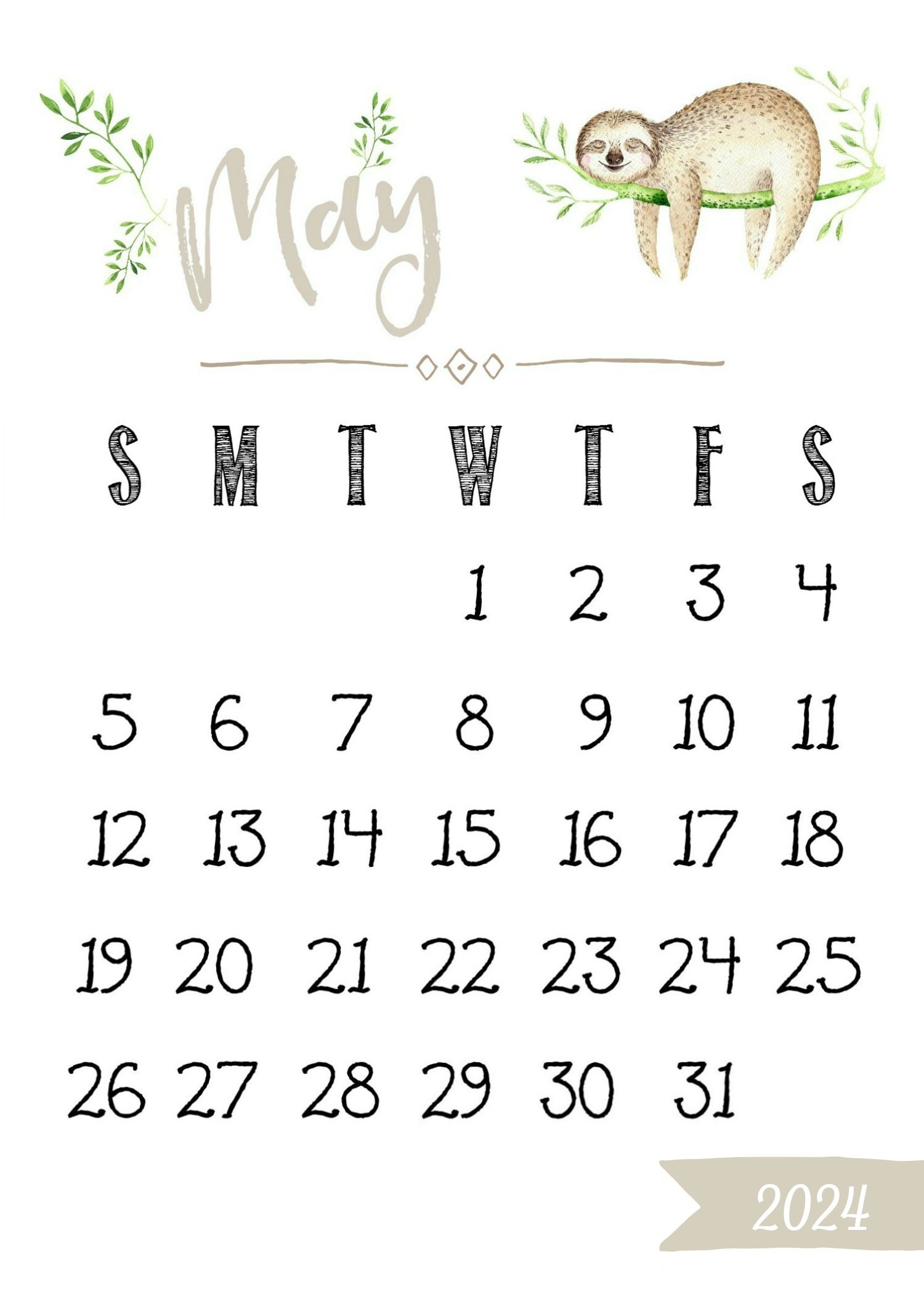 May watercolor calendar with a sloth from a 2024 free printable calendar.