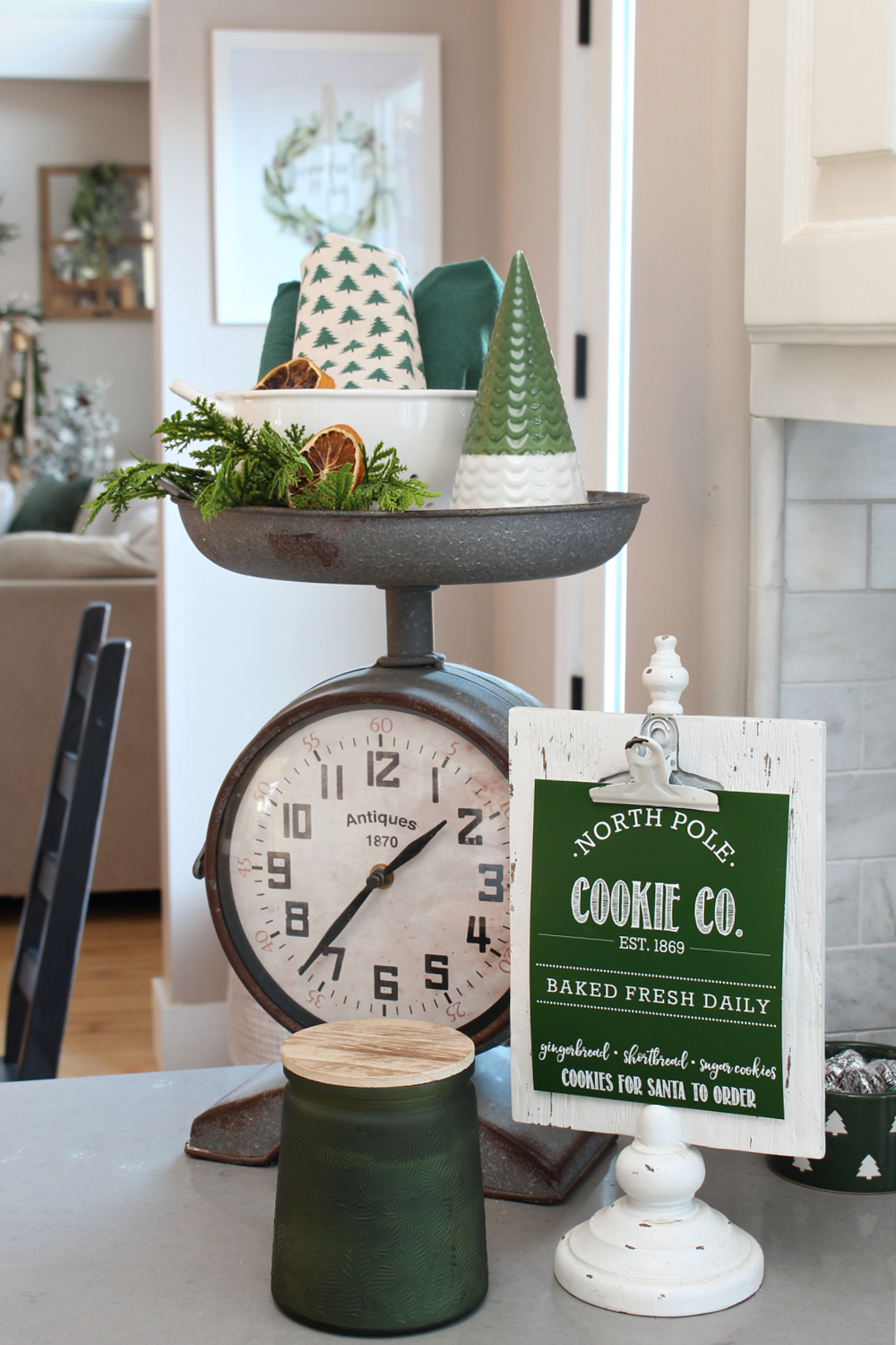 Christmas vignette with a clock scale and Cookie Co. printable.