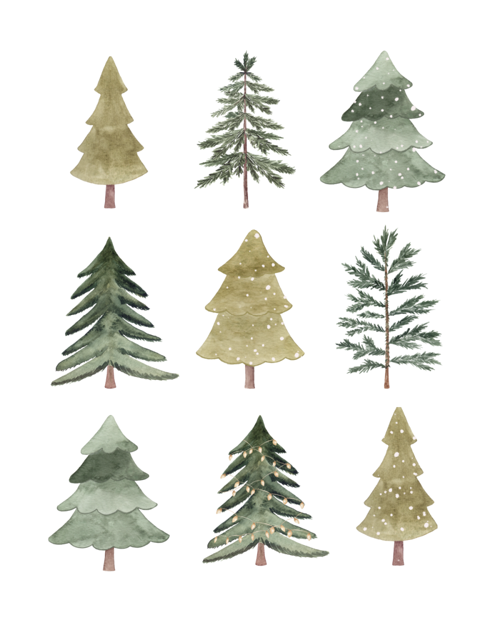 Christmas artwork with a grid of different Christmas trees.