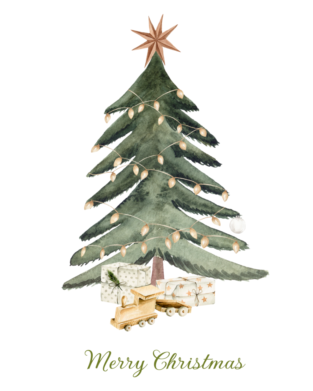 Christmas artwork with Christmas tree and Merry Christmas written on bottom.