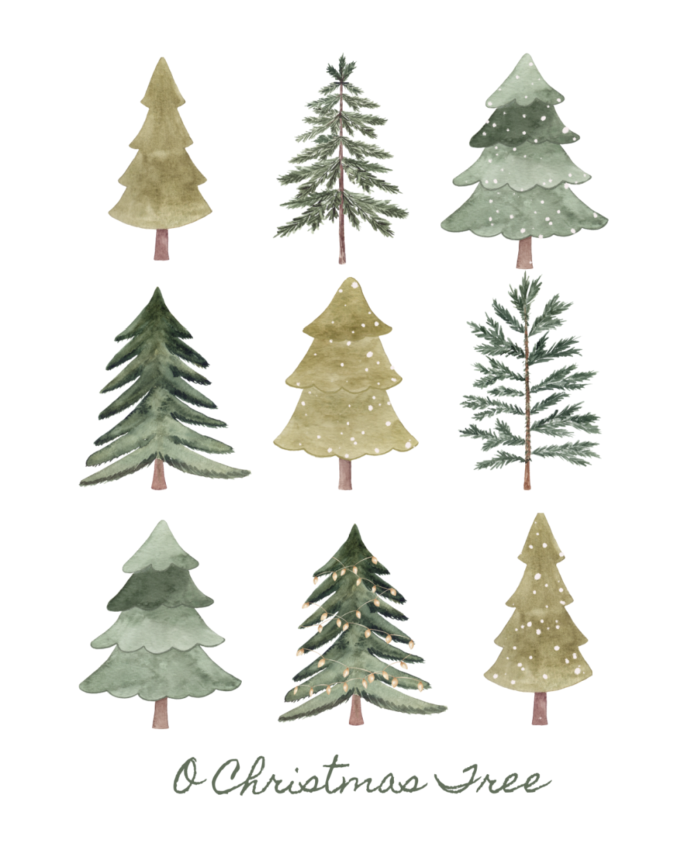 Grid of different Christmas trees with saying "O Christmas Tree" at bottom.